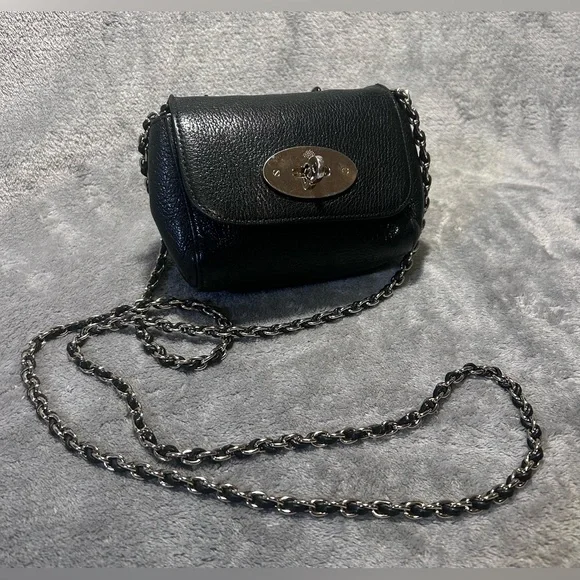 Mulberry Mini Lily Black Pebbled Leather Crossbody on Chain - Picture 1 of 12